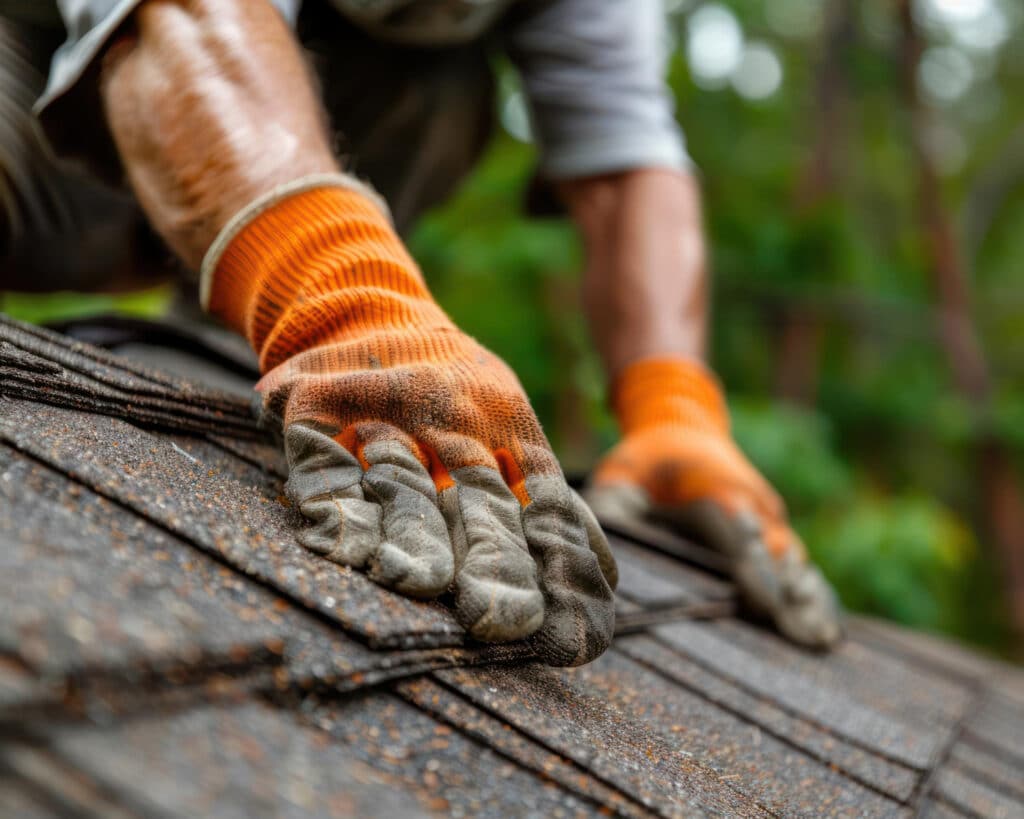 Gros plan sur un ouvrier posant des tuiles avec des gants orange sur un toit.