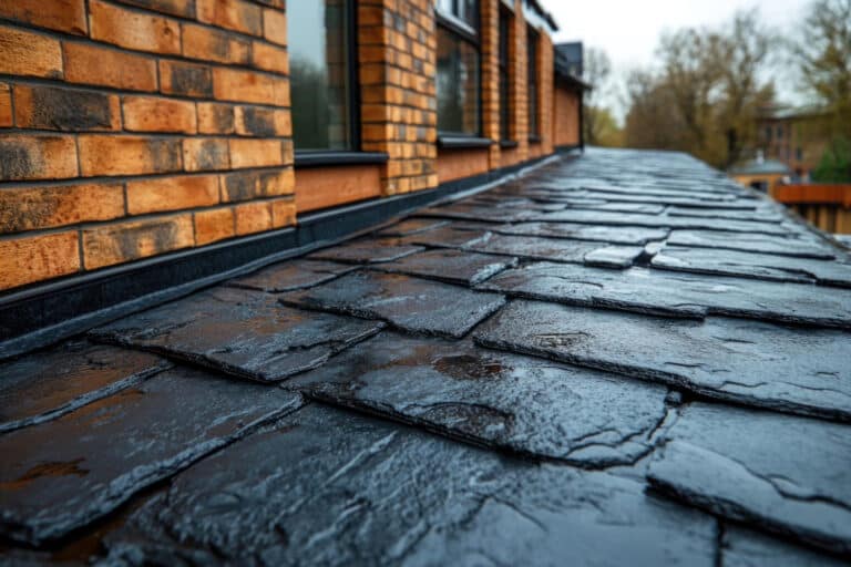 Gros plan d'un toit en ardoise sombre encore humide après la pluie, avec des murs en briques apparentes en arrière-plan.