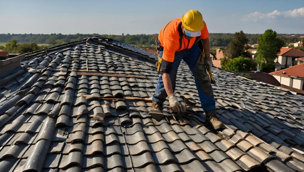 Ouvrier effectuant la réparation de tuiles sur un toit de maison.